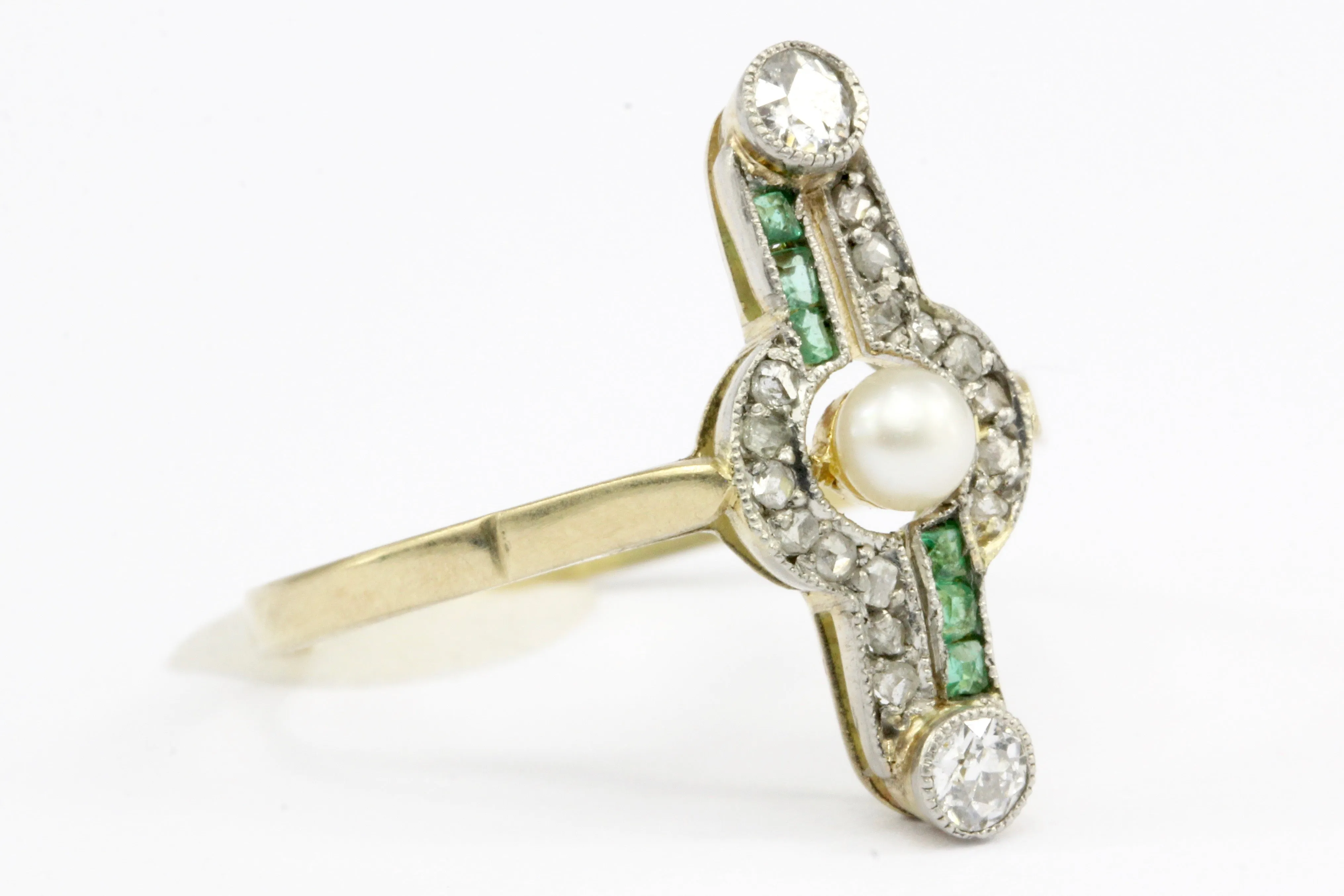 Edwardian 18K Yellow Gold Platinum Top Pearl Emerald & Diamond Ring Size 7