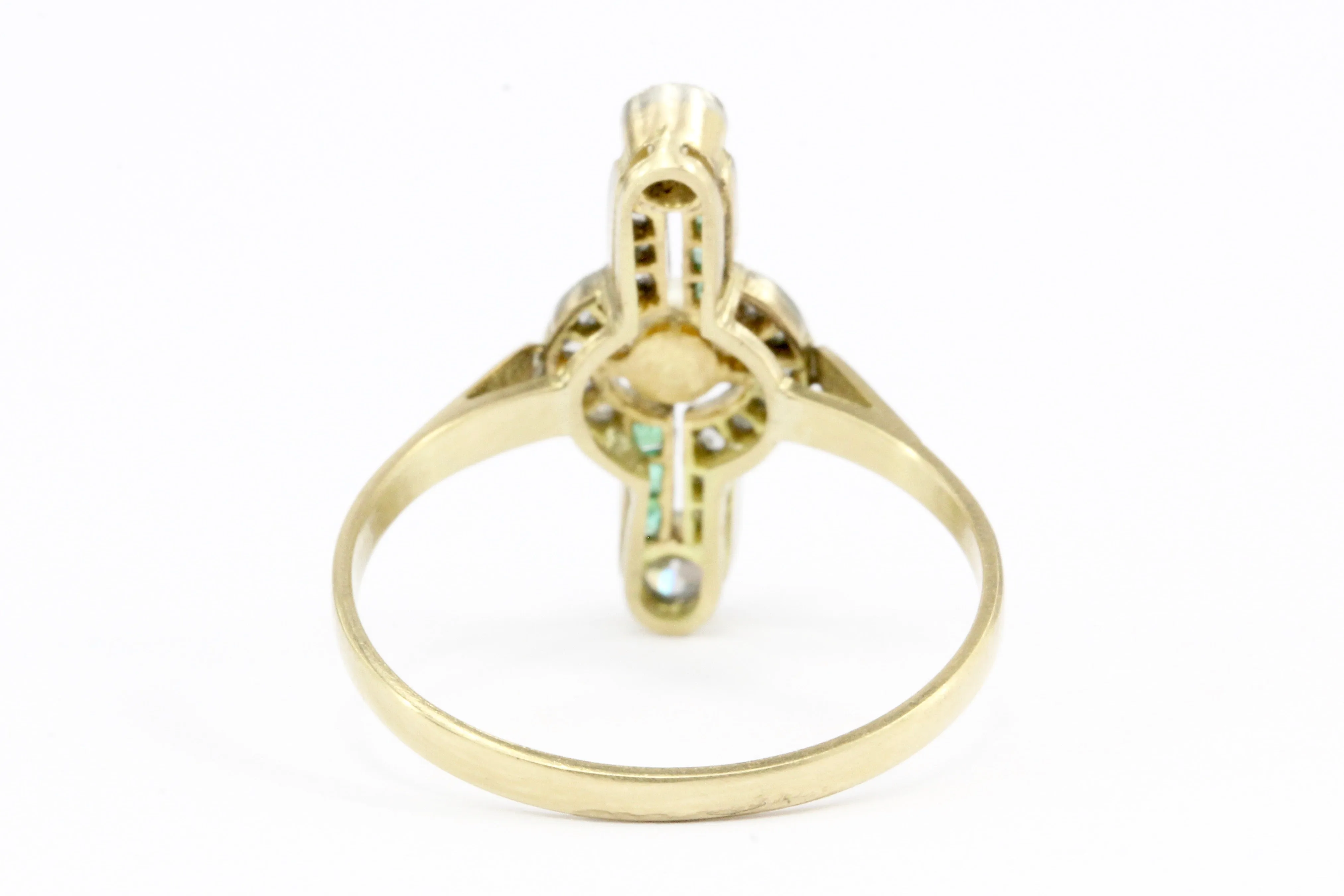 Edwardian 18K Yellow Gold Platinum Top Pearl Emerald & Diamond Ring Size 7