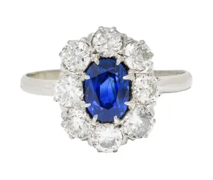 Edwardian 2.48 CTW No Heat Burma Sapphire Old European Cut Diamond Platinum Antique Halo Ring GIA