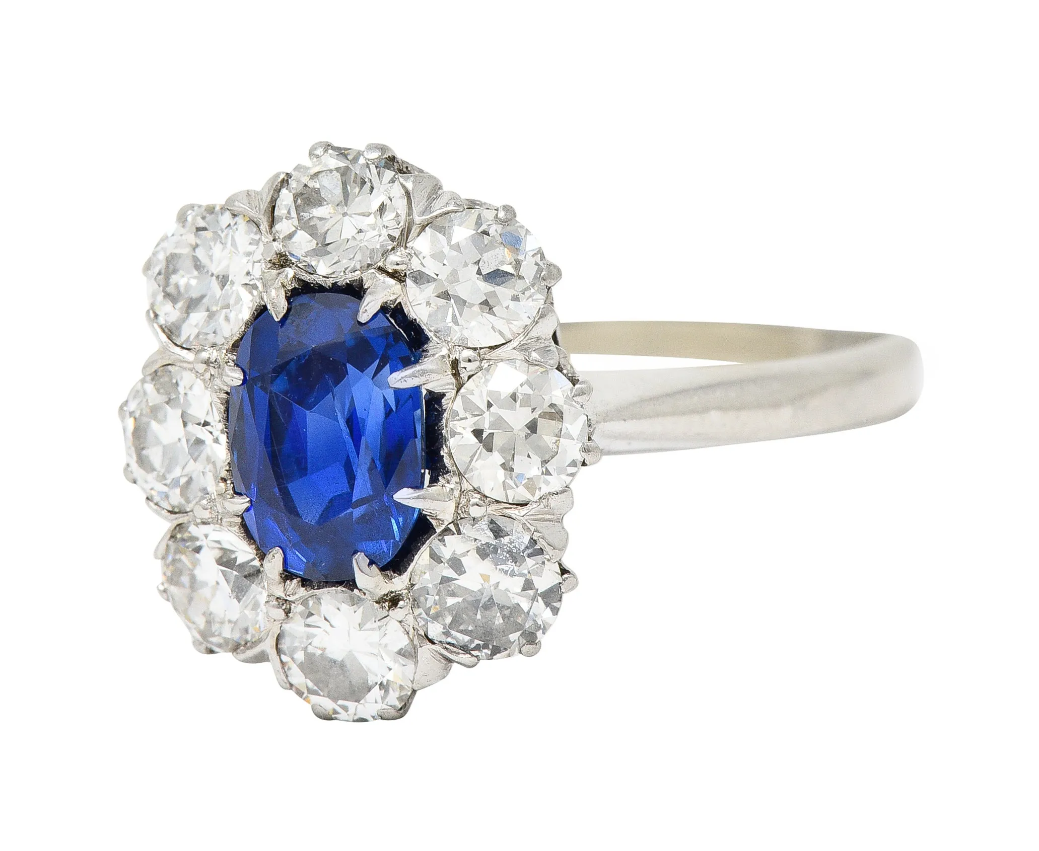 Edwardian 2.48 CTW No Heat Burma Sapphire Old European Cut Diamond Platinum Antique Halo Ring GIA