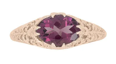 Edwardian Filigree 14 Karat Rose Gold East West Oval Rhodolite Garnet Engagement Ring