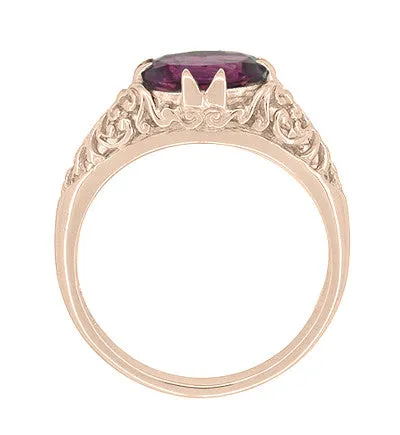 Edwardian Filigree 14 Karat Rose Gold East West Oval Rhodolite Garnet Engagement Ring