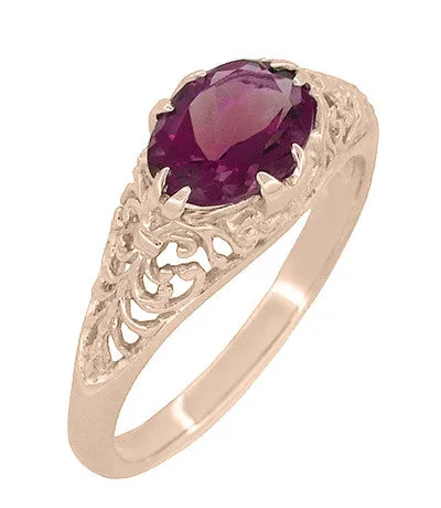 Edwardian Filigree 14 Karat Rose Gold East West Oval Rhodolite Garnet Engagement Ring