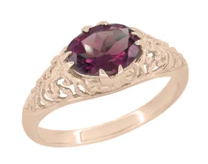 Edwardian Filigree 14 Karat Rose Gold East West Oval Rhodolite Garnet Engagement Ring