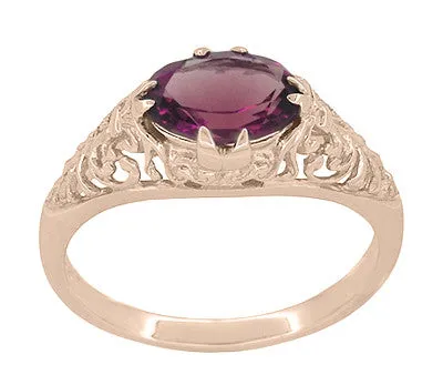 Edwardian Filigree 14 Karat Rose Gold East West Oval Rhodolite Garnet Engagement Ring