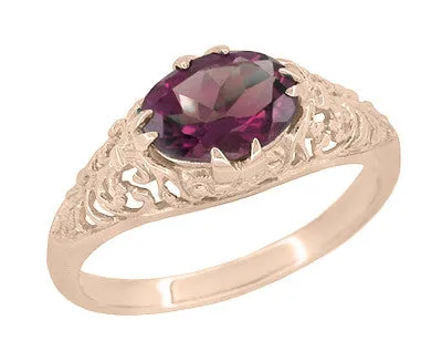 Edwardian Filigree 14 Karat Rose Gold East West Oval Rhodolite Garnet Engagement Ring