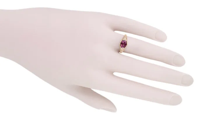 Edwardian Filigree 14 Karat Rose Gold East West Oval Rhodolite Garnet Engagement Ring