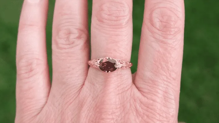 Edwardian Filigree 14 Karat Rose Gold East West Oval Rhodolite Garnet Engagement Ring