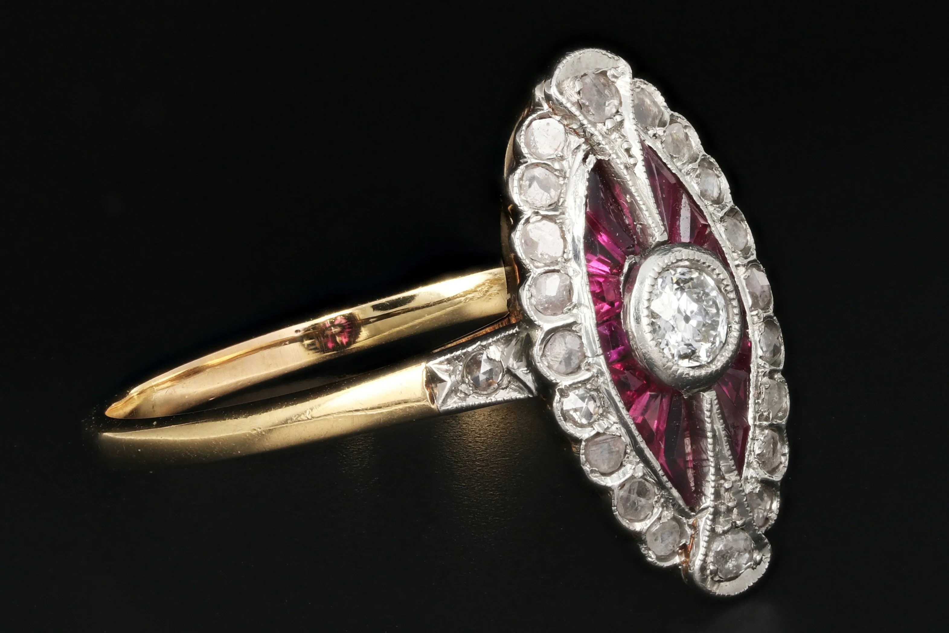 Edwardian French Ruby, Rose Cut & Old European Cut Diamond Ring