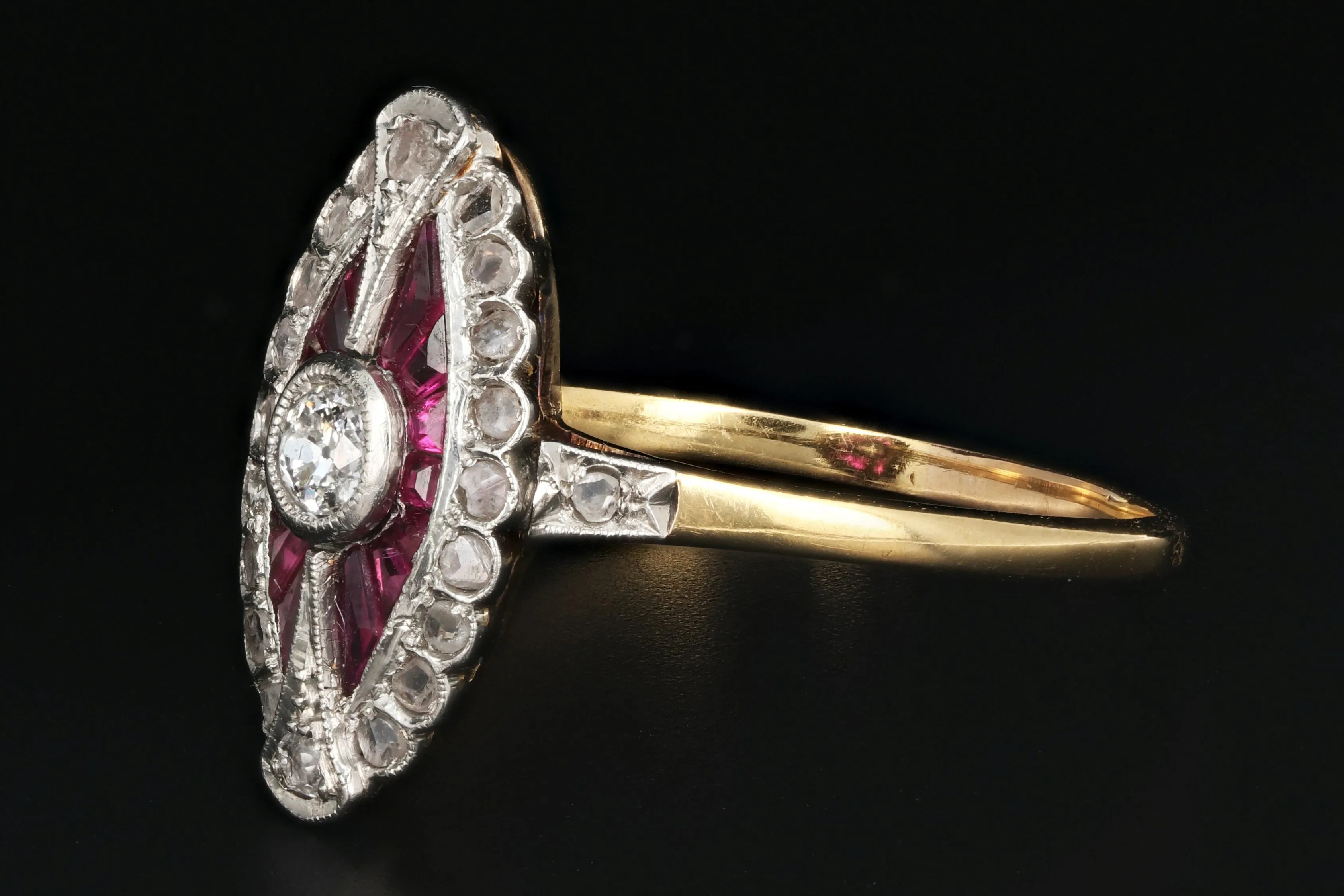 Edwardian French Ruby, Rose Cut & Old European Cut Diamond Ring