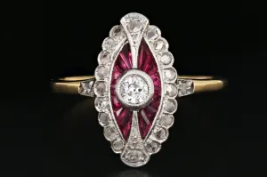 Edwardian French Ruby, Rose Cut & Old European Cut Diamond Ring