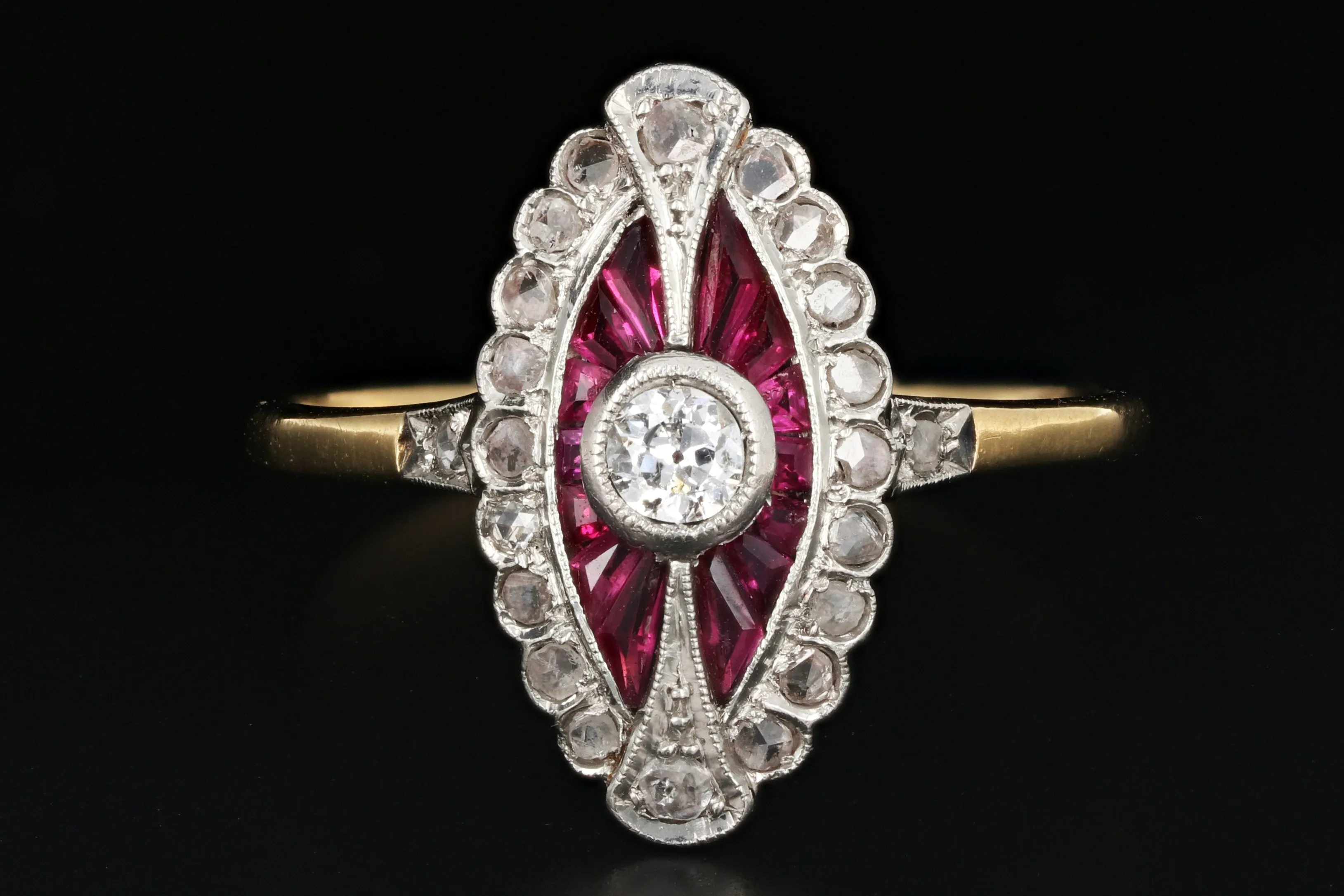Edwardian French Ruby, Rose Cut & Old European Cut Diamond Ring