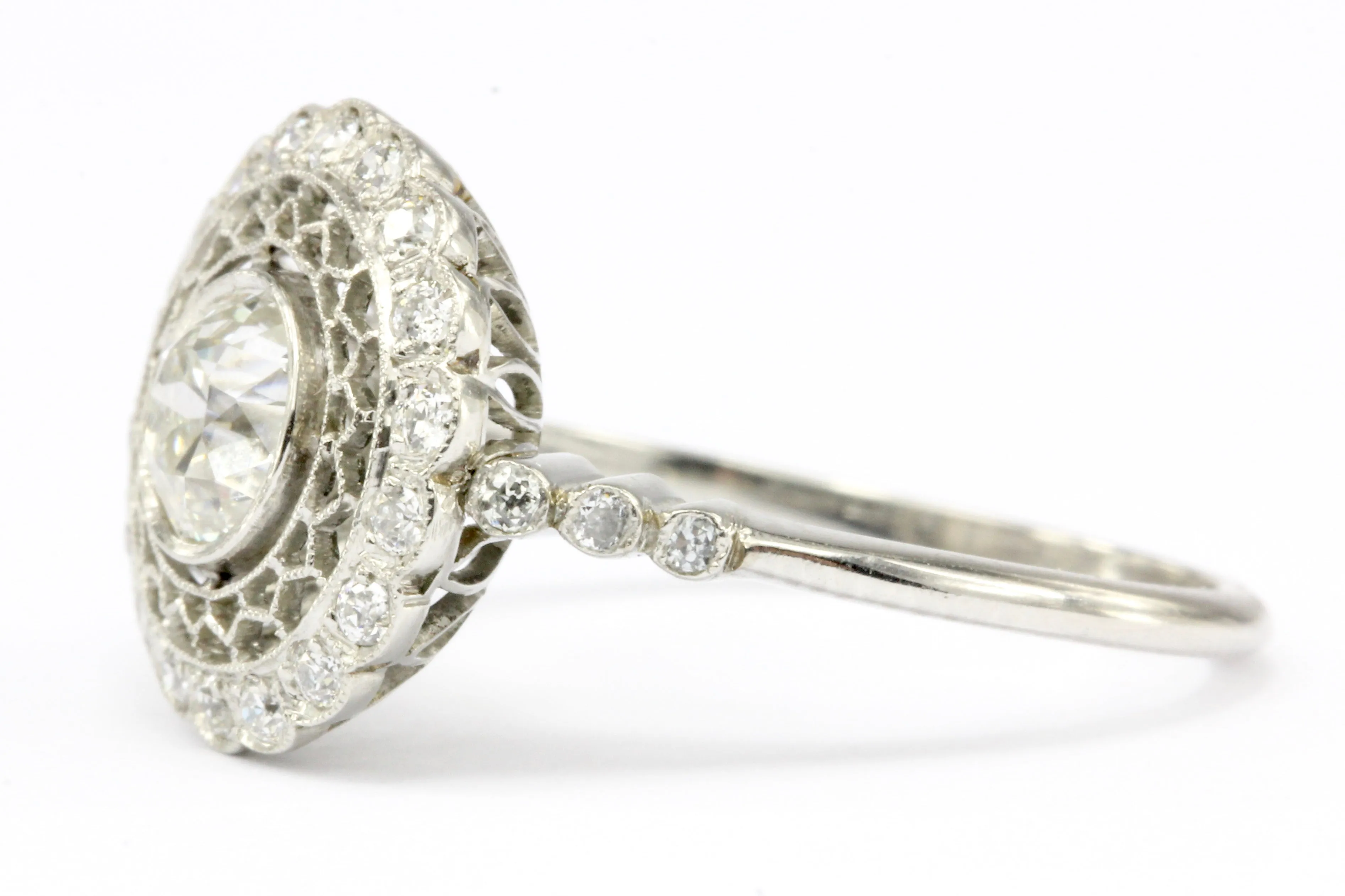 Edwardian Style Handmade Platinum Old European Cut Diamond Halo Ring Size 6.5