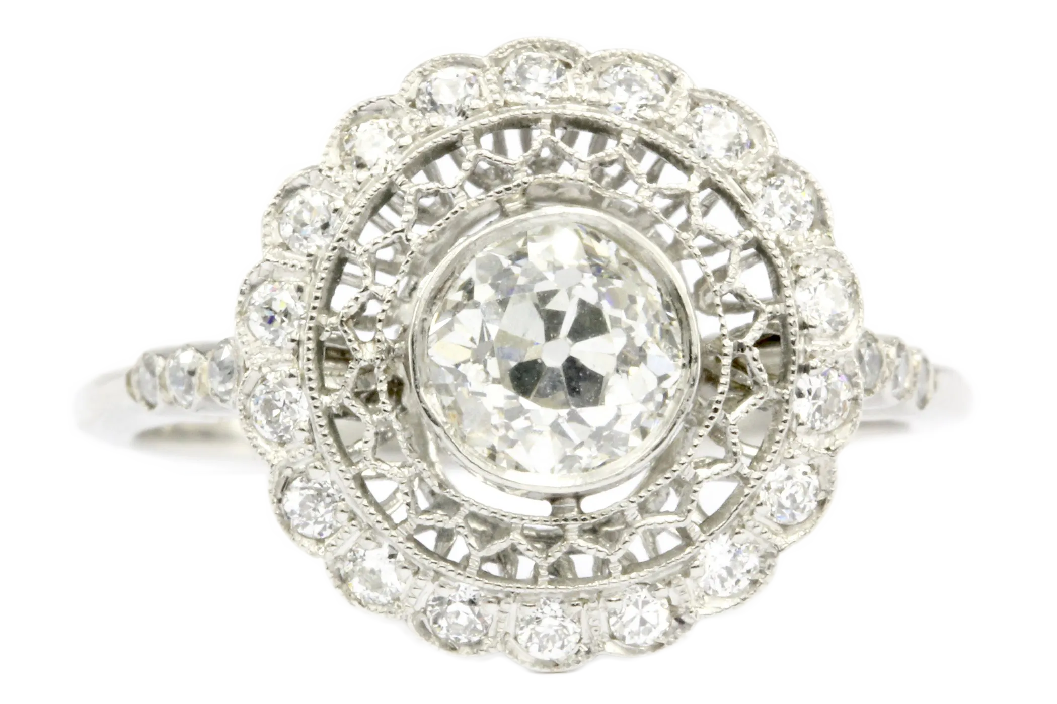 Edwardian Style Handmade Platinum Old European Cut Diamond Halo Ring Size 6.5