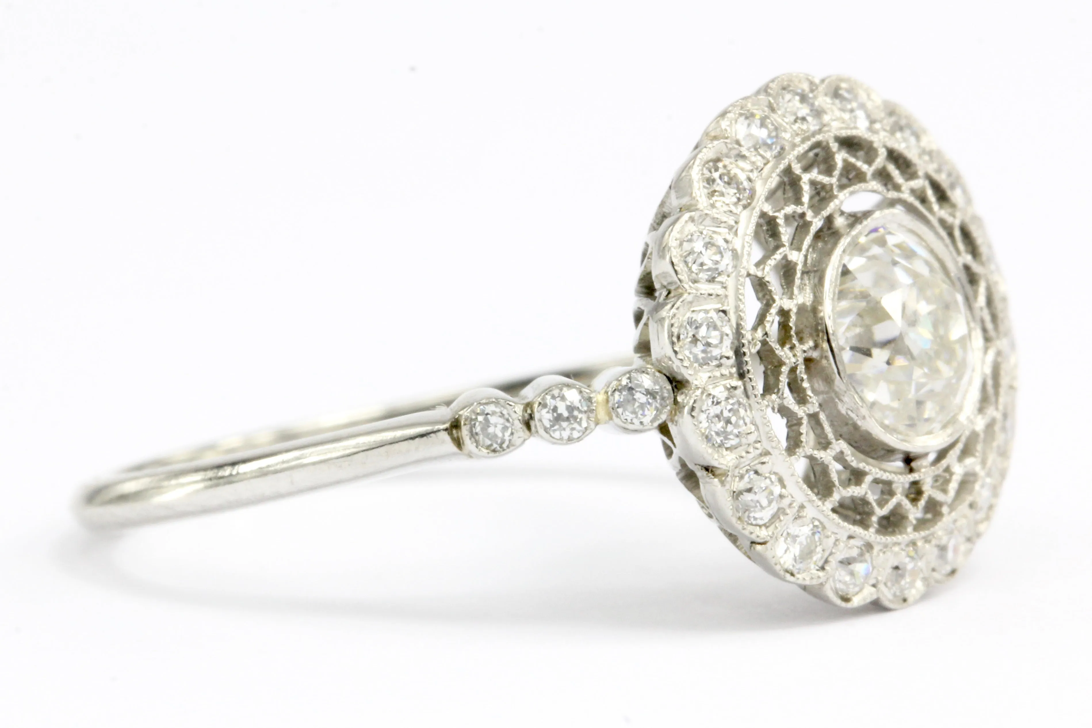 Edwardian Style Handmade Platinum Old European Cut Diamond Halo Ring Size 6.5