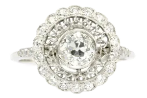Edwardian Style Handmade Platinum Old European Cut Diamond Halo Ring Size 6.5