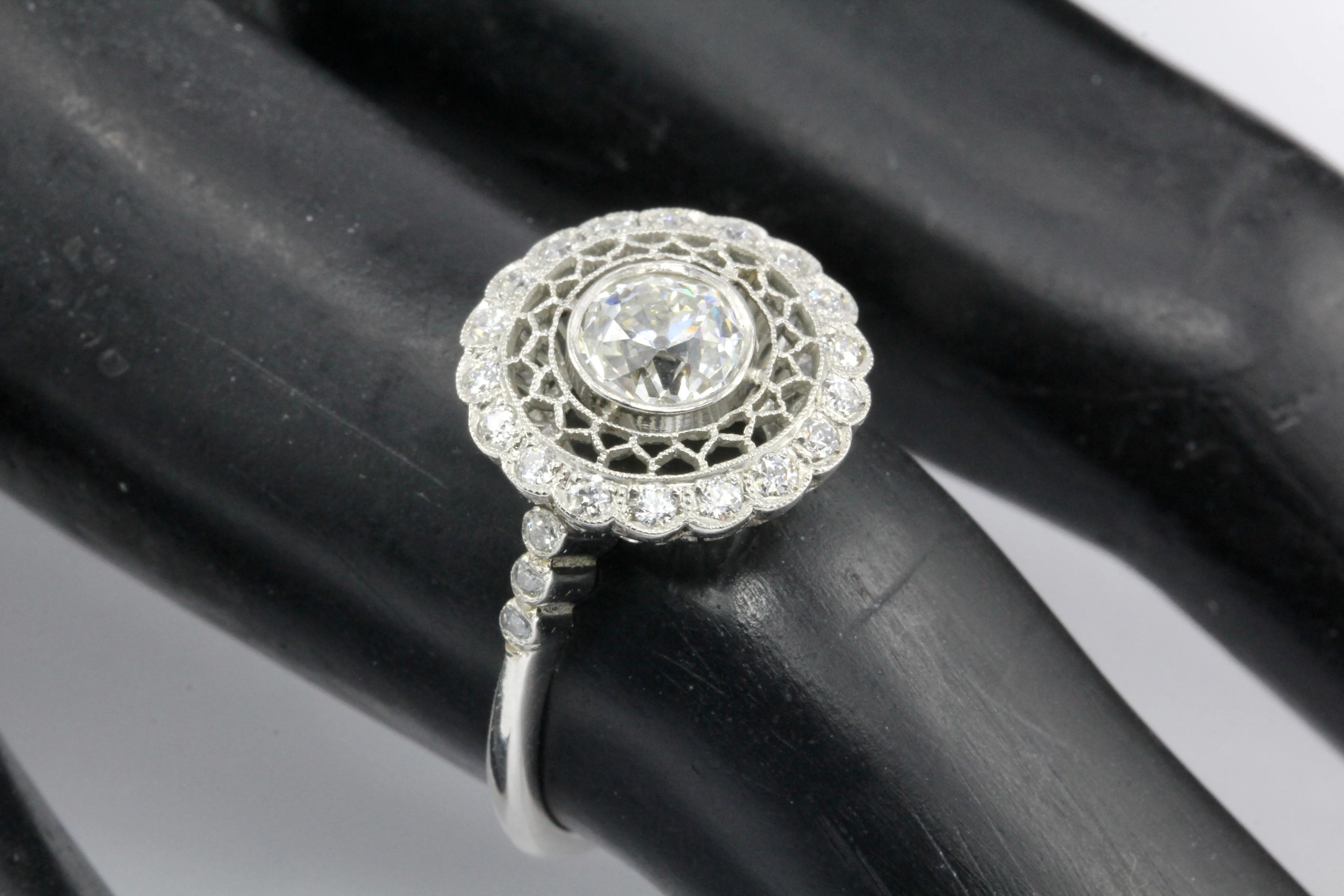 Edwardian Style Handmade Platinum Old European Cut Diamond Halo Ring Size 6.5
