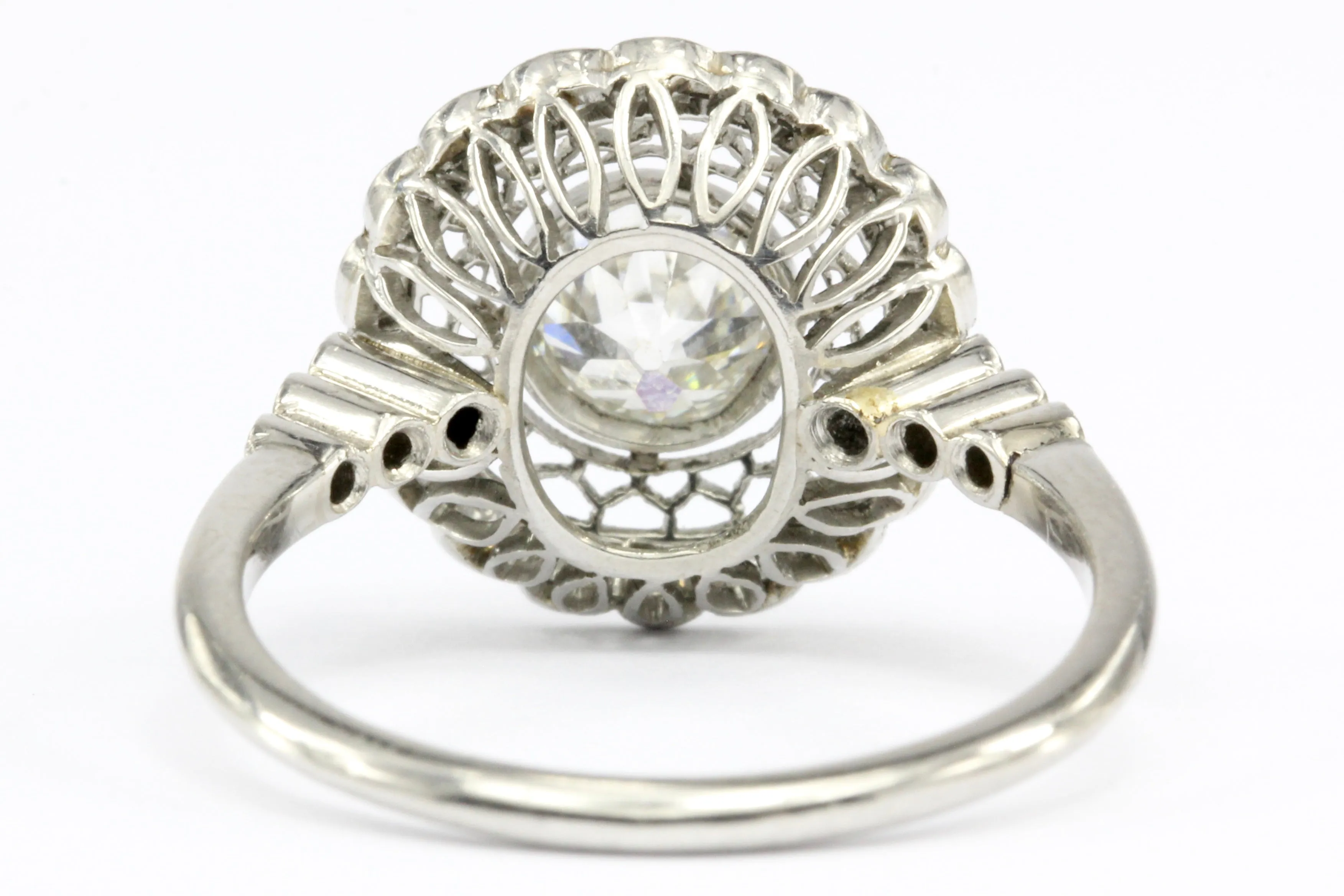 Edwardian Style Handmade Platinum Old European Cut Diamond Halo Ring Size 6.5