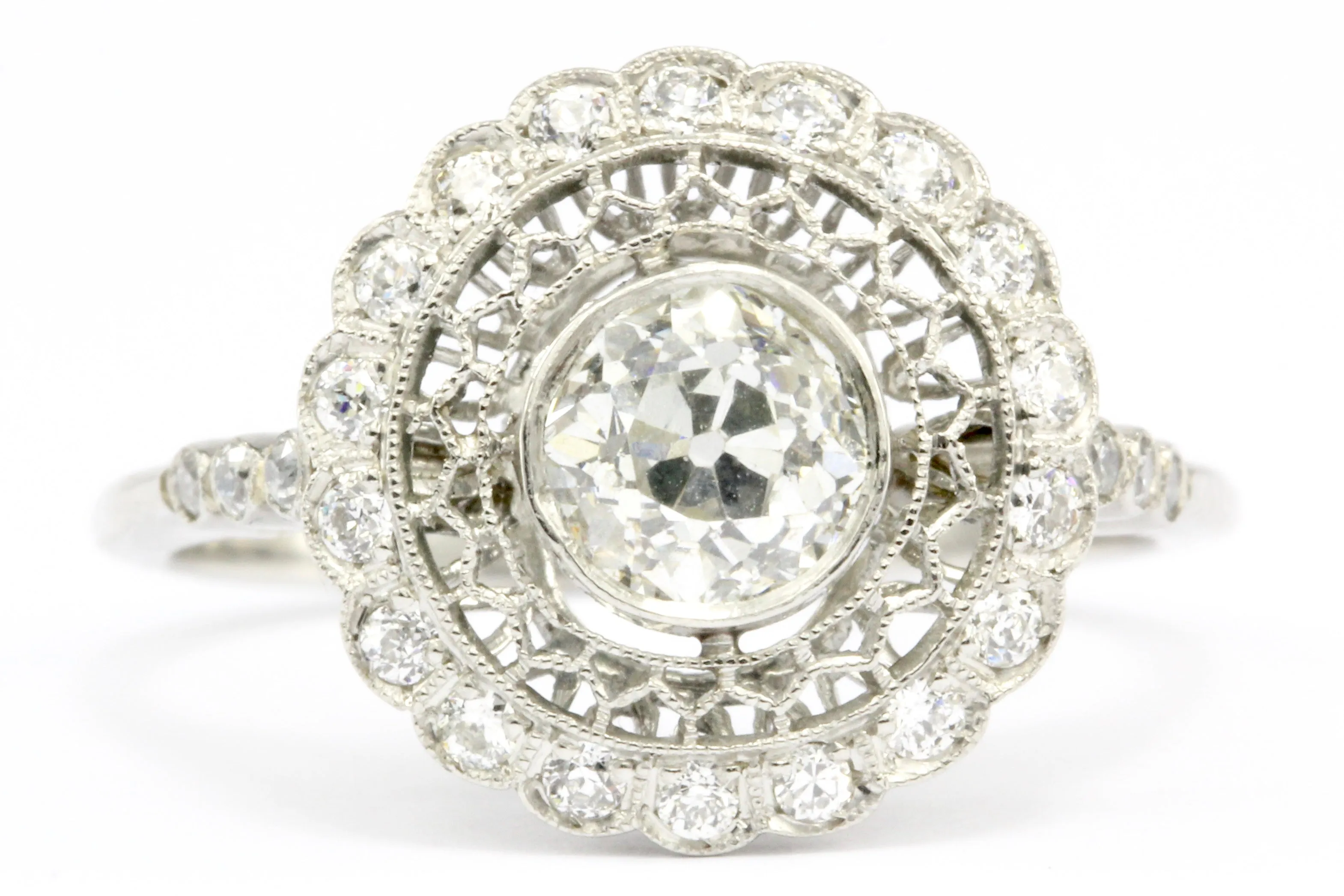Edwardian Style Handmade Platinum Old European Cut Diamond Halo Ring Size 6.5