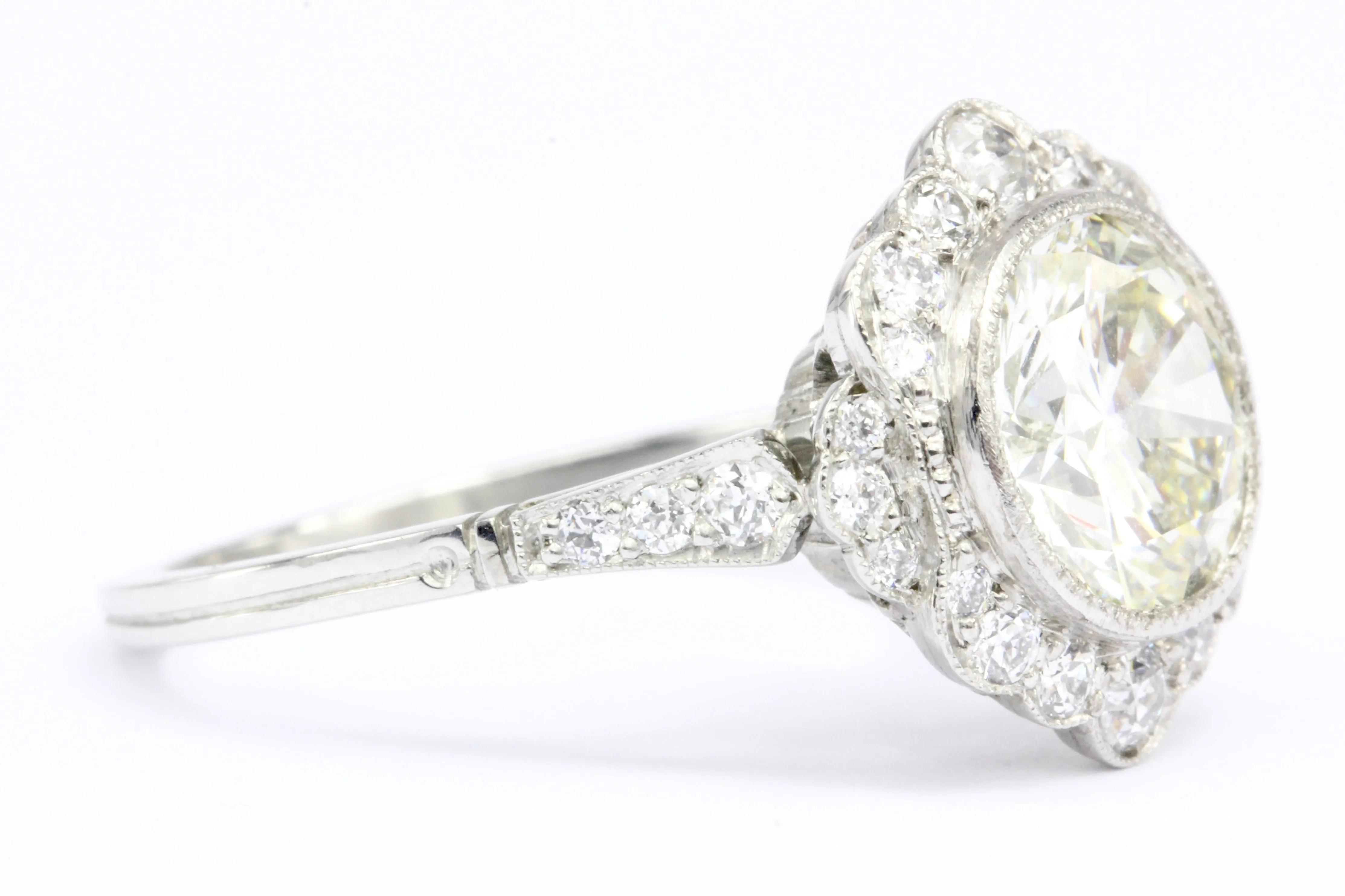 Edwardian Style Platinum 2.2 Ct Diamond Halo Engagement Ring GIA Paperwork