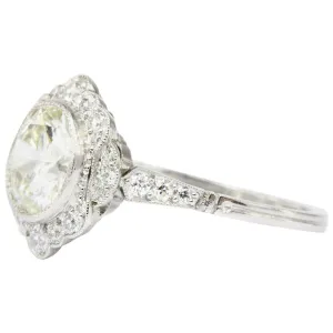 Edwardian Style Platinum 2.2 Ct Diamond Halo Engagement Ring GIA Paperwork