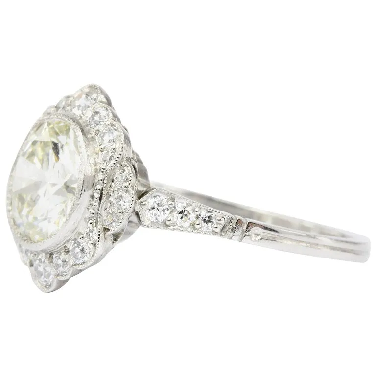 Edwardian Style Platinum 2.2 Ct Diamond Halo Engagement Ring GIA Paperwork