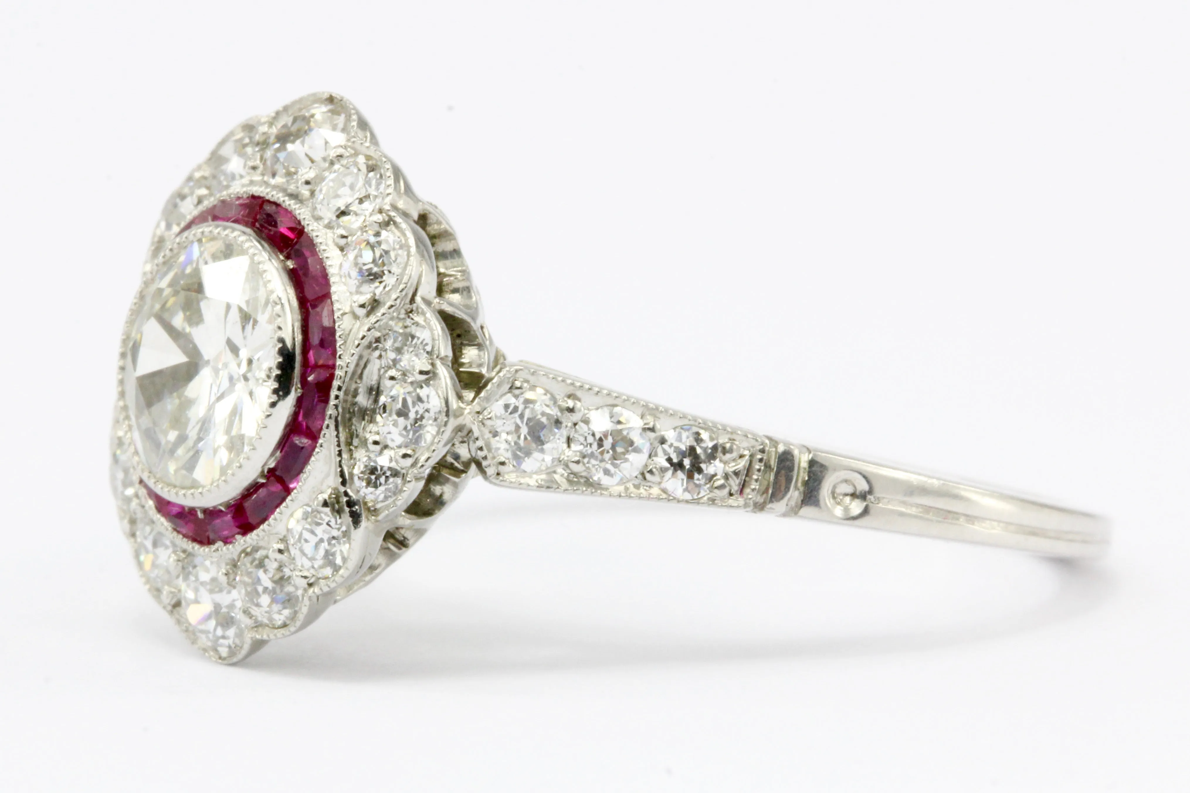 Edwardian Style Platinum .63 CT Diamond Ruby Halo Handmade Ring Size 6