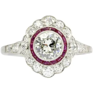 Edwardian Style Platinum .63 CT Diamond Ruby Halo Handmade Ring Size 6