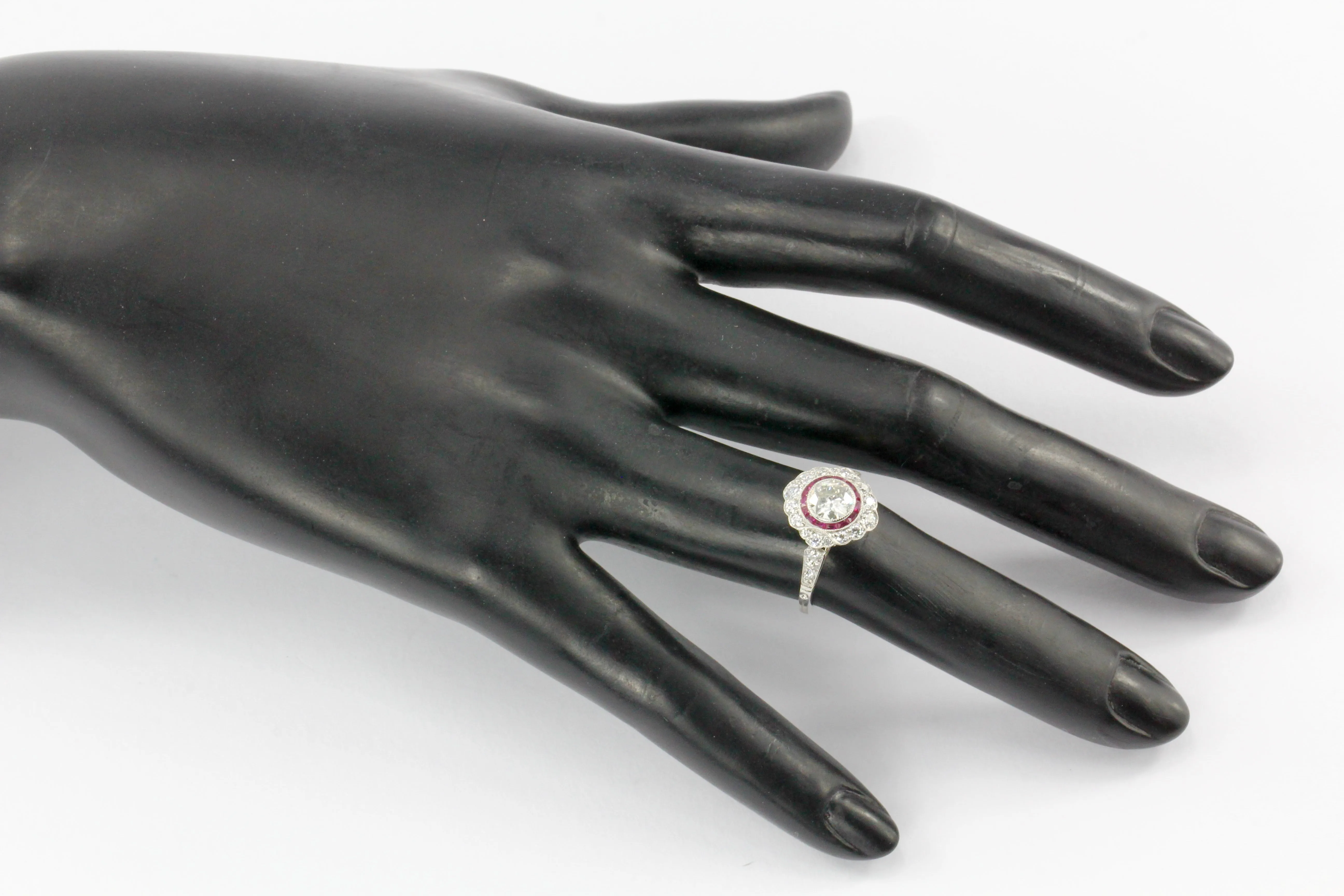 Edwardian Style Platinum .63 CT Diamond Ruby Halo Handmade Ring Size 6