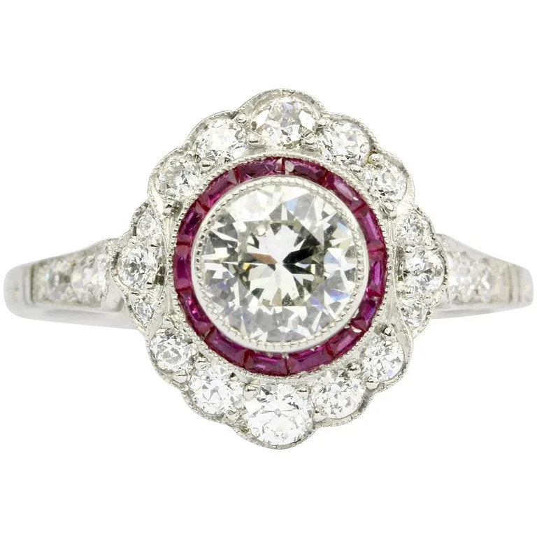 Edwardian Style Platinum .63 CT Diamond Ruby Halo Handmade Ring Size 6