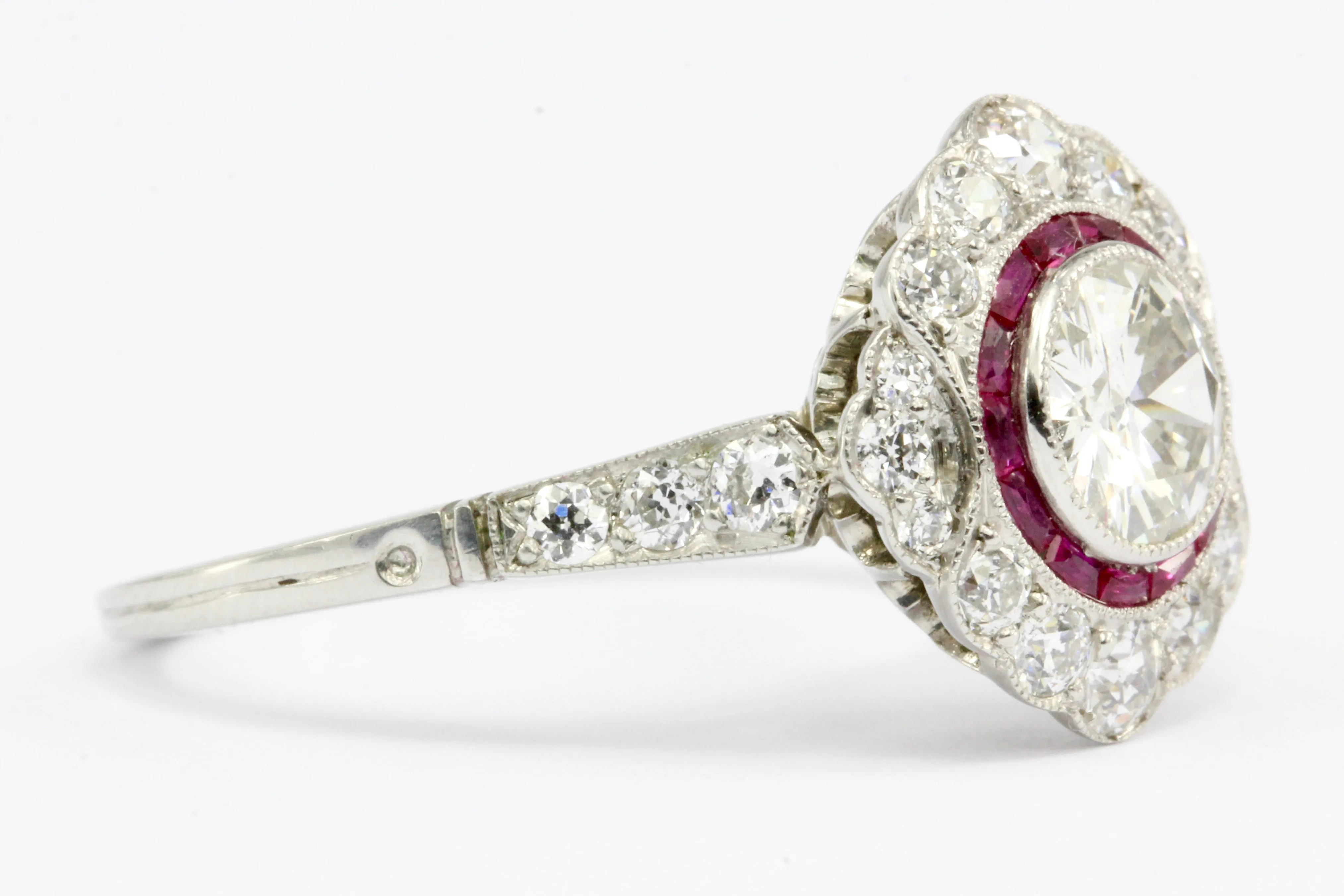Edwardian Style Platinum .63 CT Diamond Ruby Halo Handmade Ring Size 6