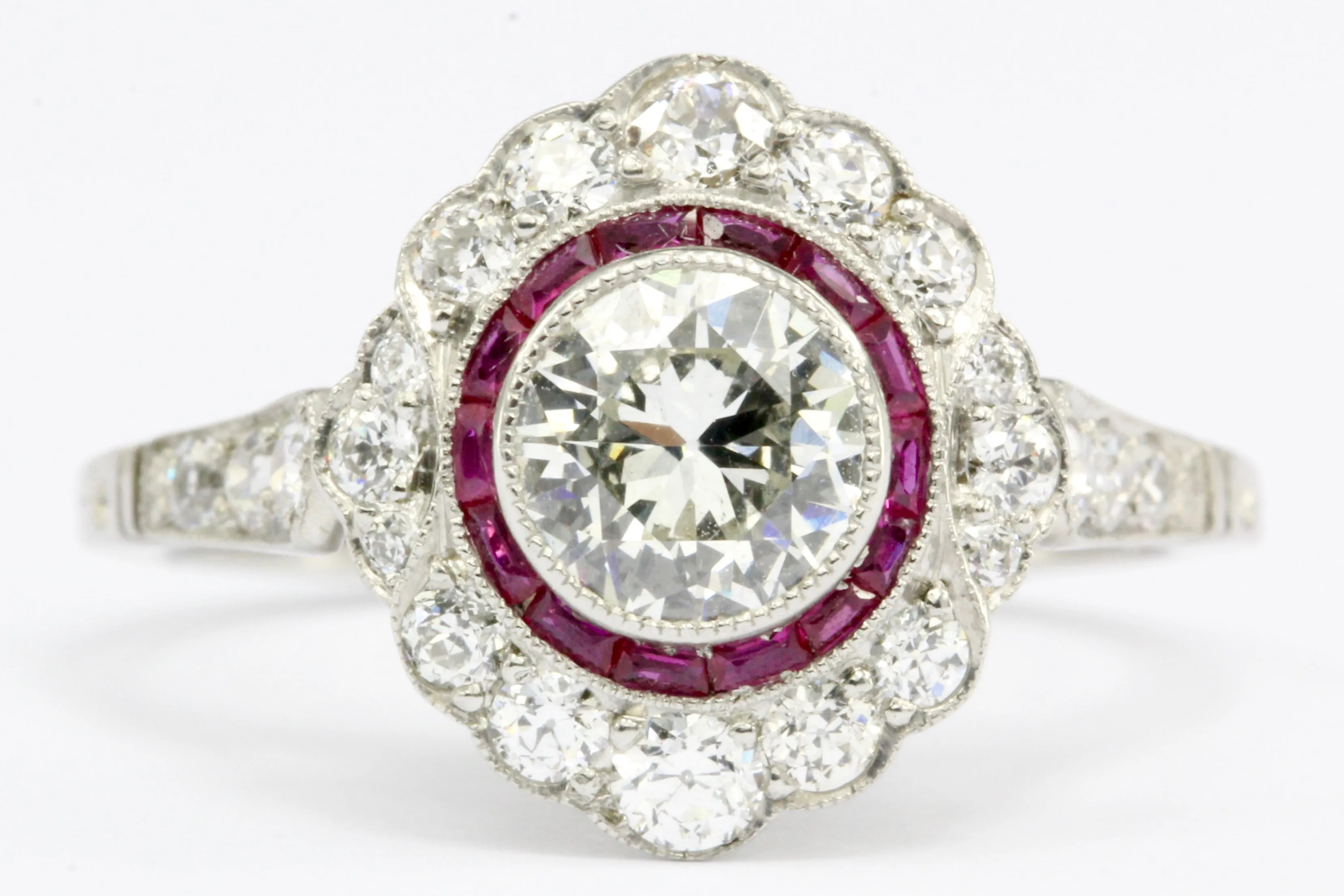 Edwardian Style Platinum .63 CT Diamond Ruby Halo Handmade Ring Size 6