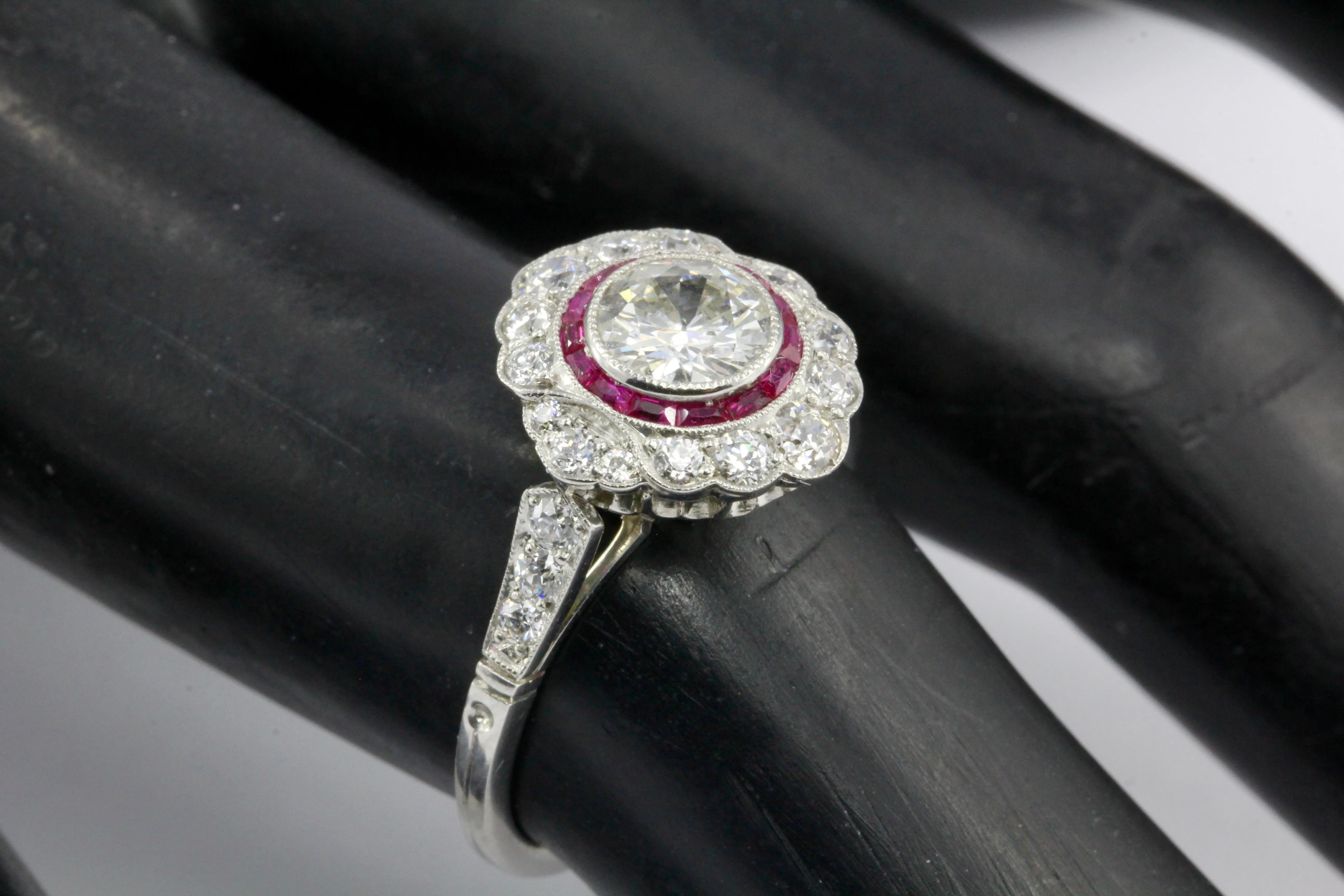 Edwardian Style Platinum .63 CT Diamond Ruby Halo Handmade Ring Size 6