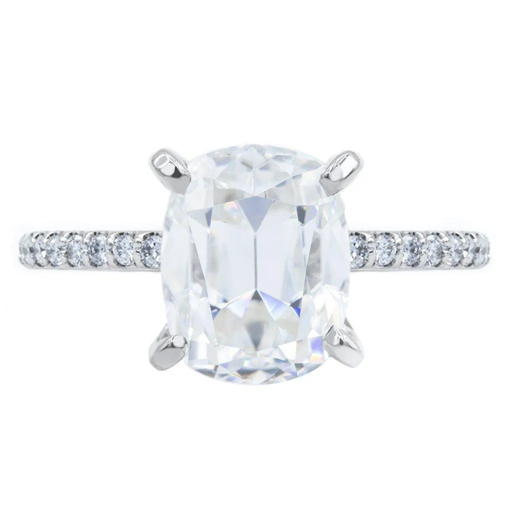 Elongated Cushion Old Mine Cut (OMC) Moissanite 4 Prongs Diamond Accent Ice Solitaire Ring