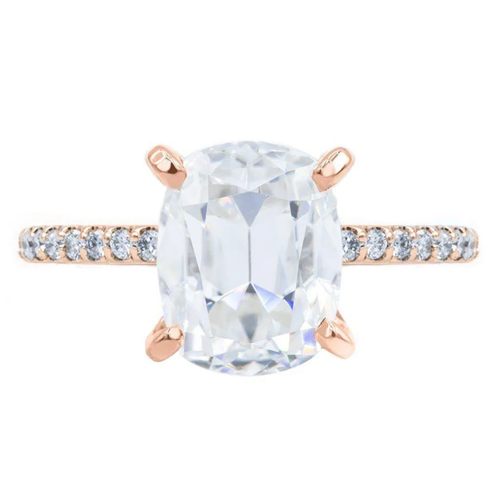 Elongated Cushion Old Mine Cut (OMC) Moissanite 4 Prongs Diamond Accent Ice Solitaire Ring