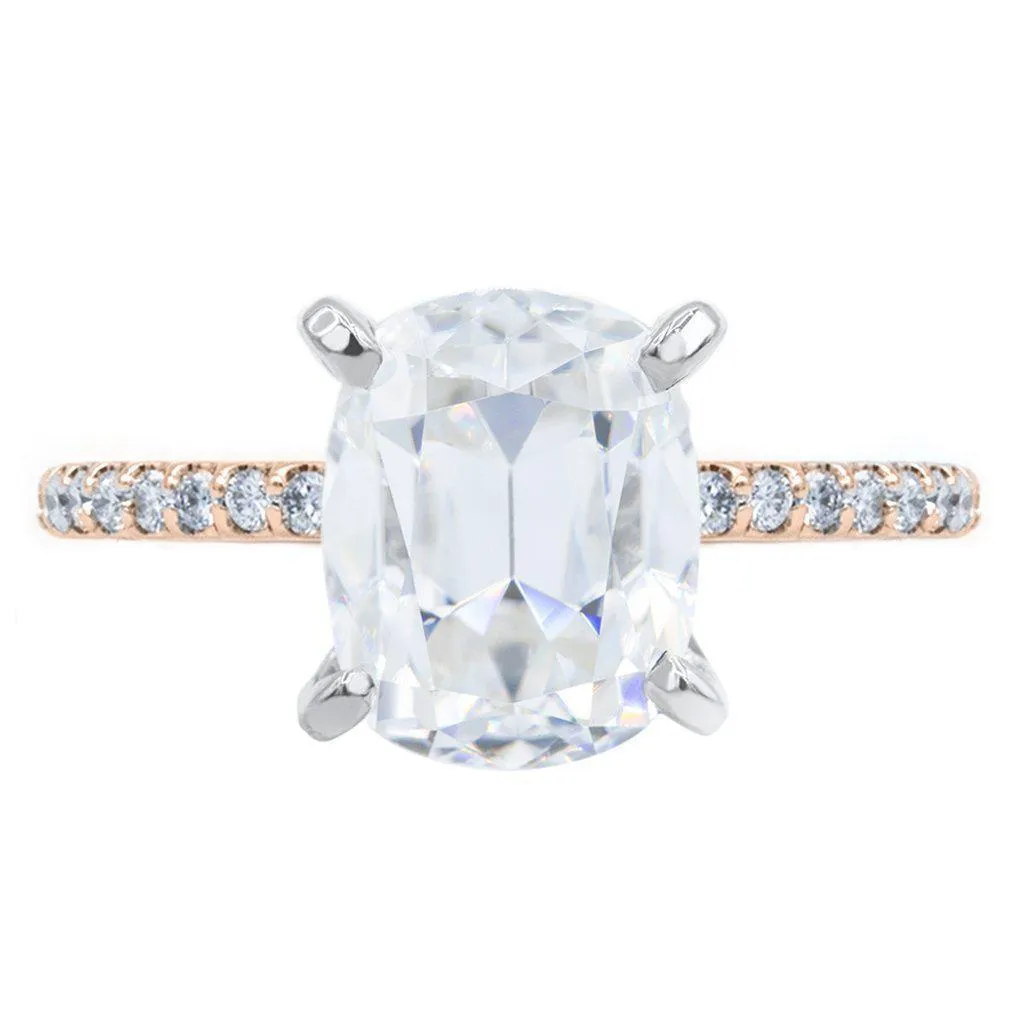 Elongated Cushion Old Mine Cut (OMC) Moissanite 4 Prongs Diamond Accent Ice Solitaire Ring