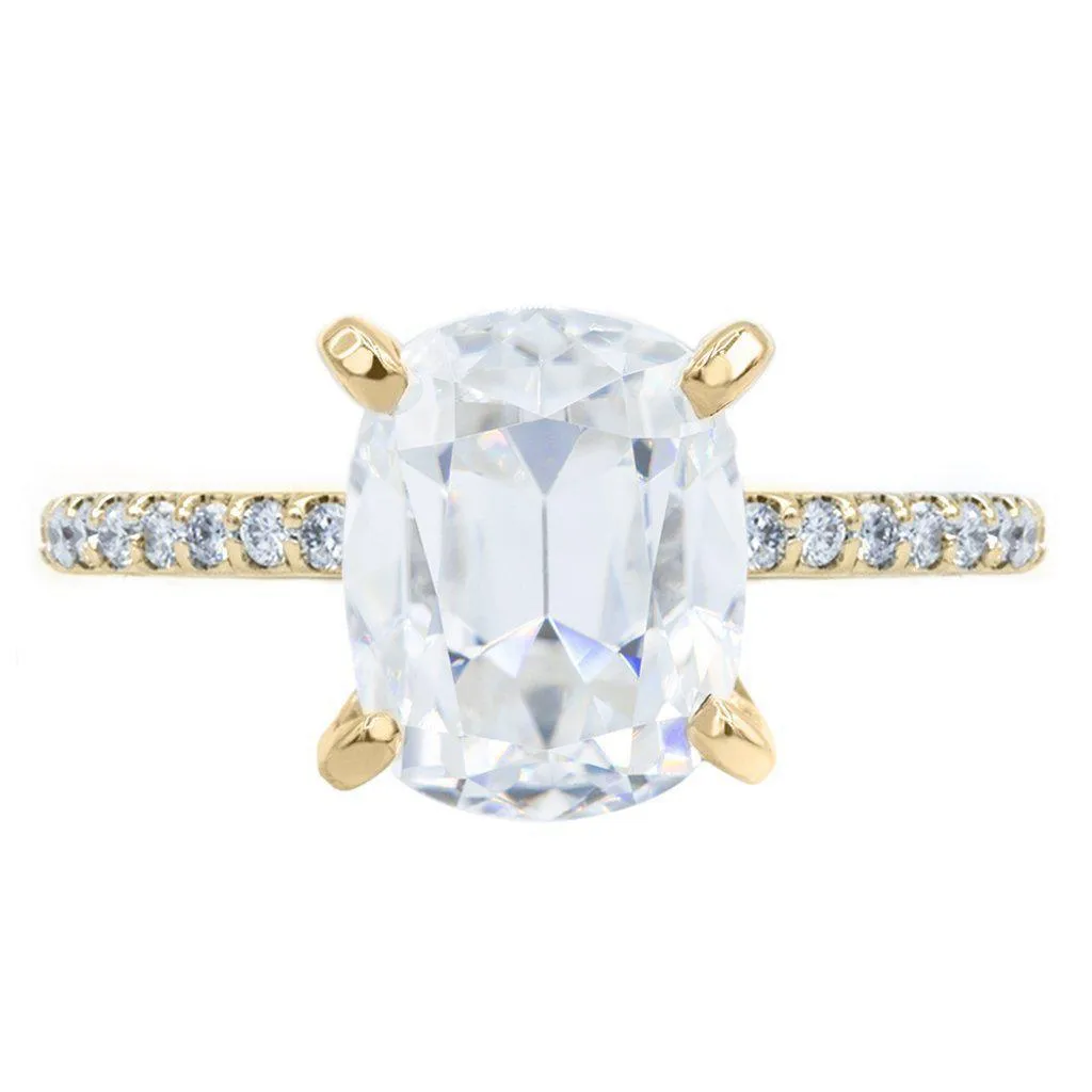 Elongated Cushion Old Mine Cut (OMC) Moissanite 4 Prongs Diamond Accent Ice Solitaire Ring