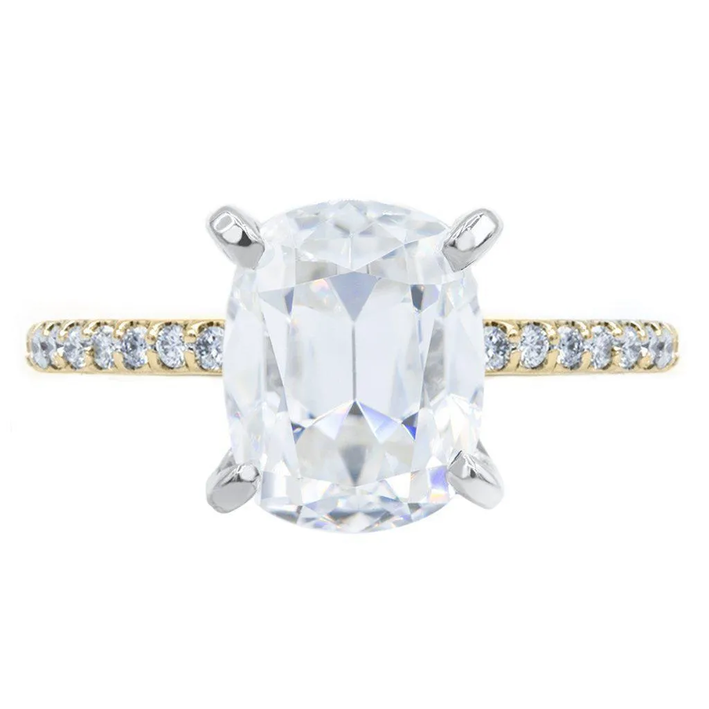 Elongated Cushion Old Mine Cut (OMC) Moissanite 4 Prongs Diamond Accent Ice Solitaire Ring