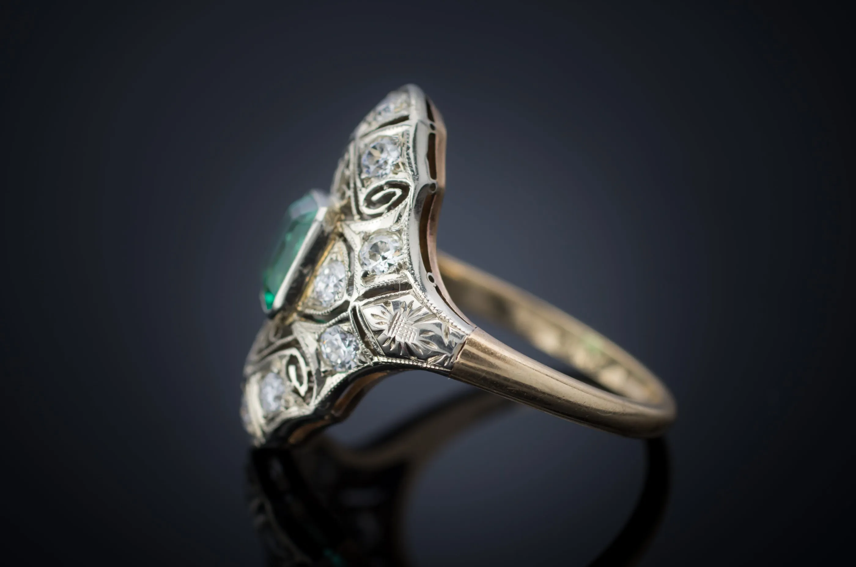 EMERALD AND DIAMOND NAVETTE SHAPE RING