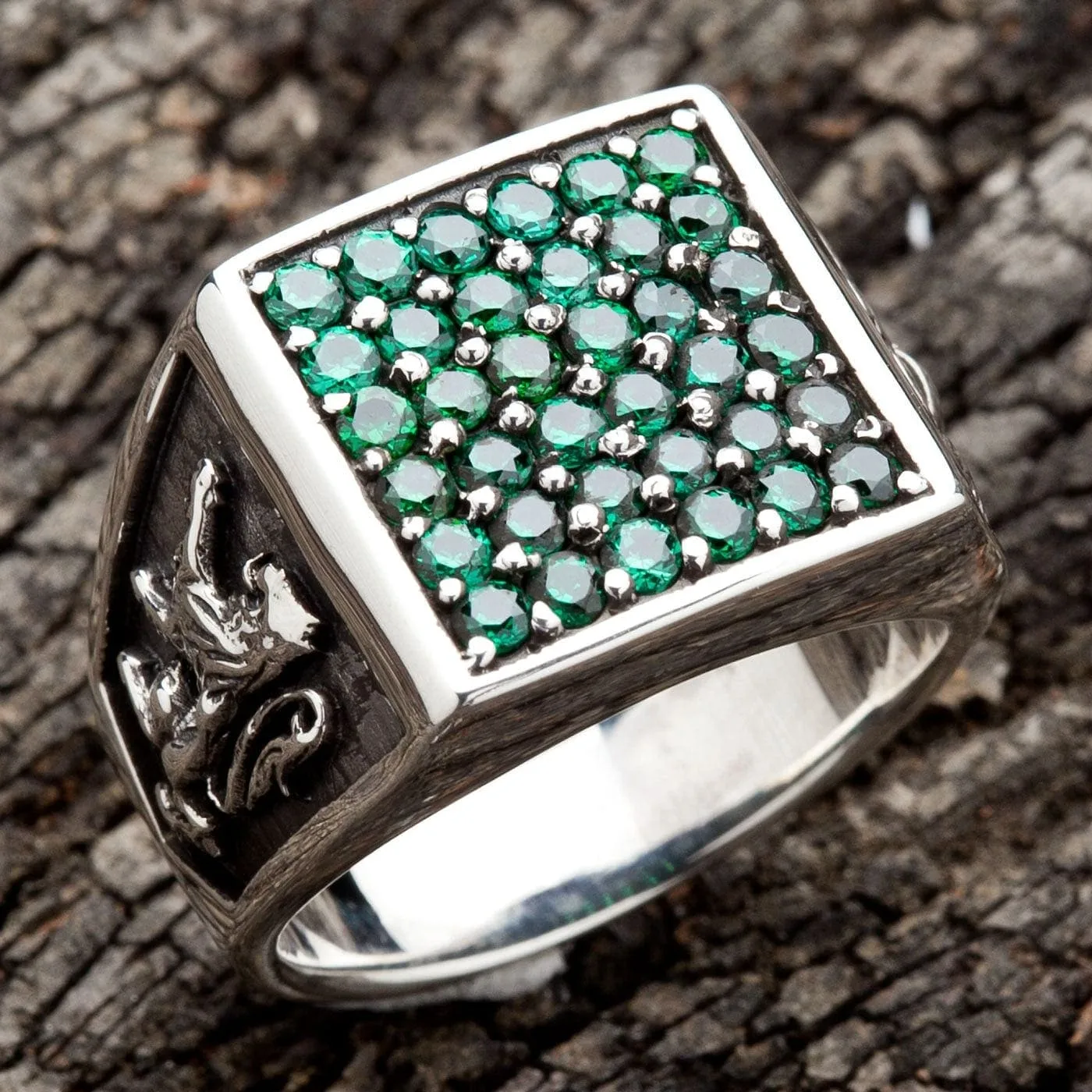 Emerald Eagle Lion Army Sterling Silver Ring