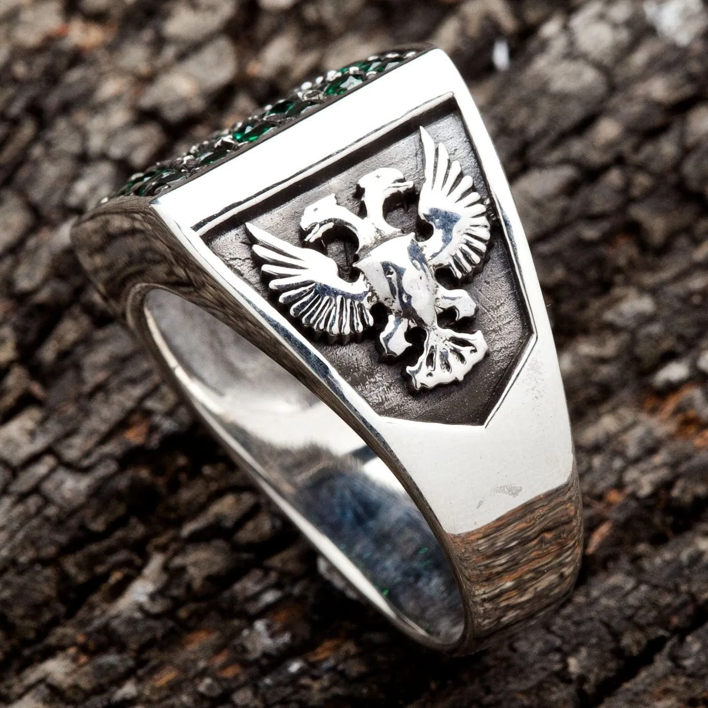 Emerald Eagle Lion Army Sterling Silver Ring