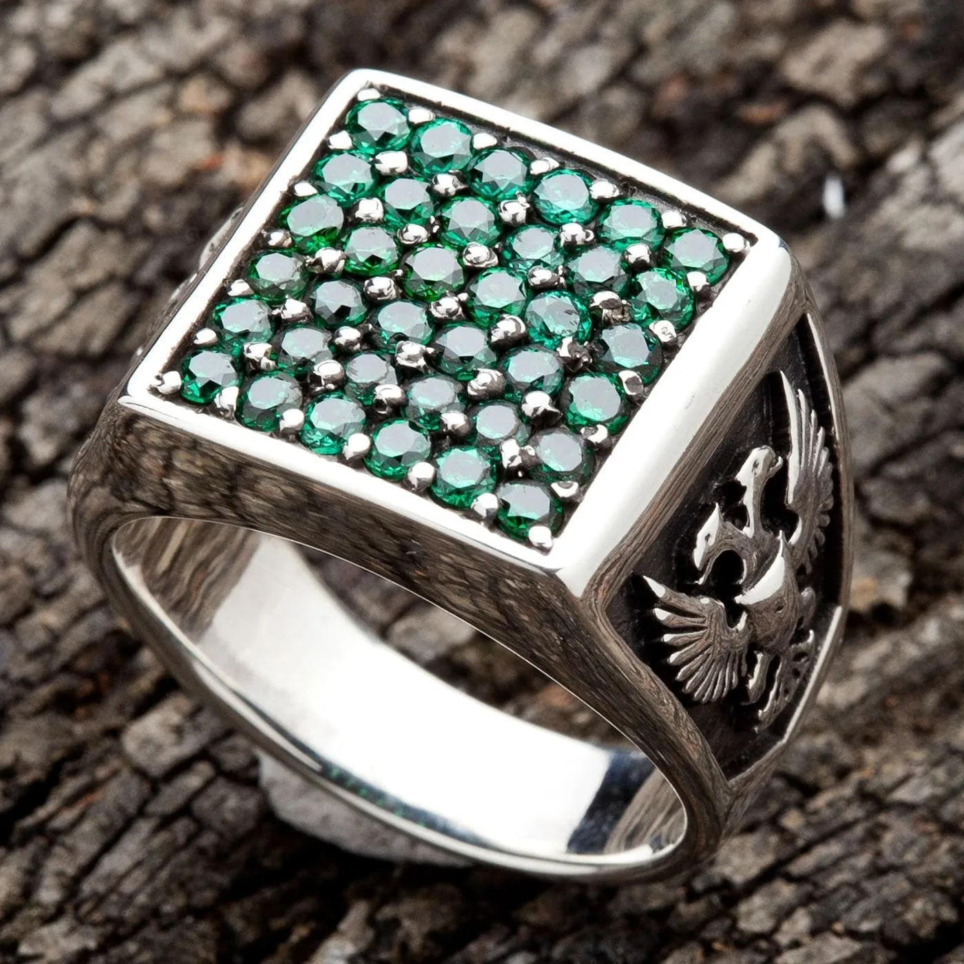 Emerald Eagle Lion Army Sterling Silver Ring
