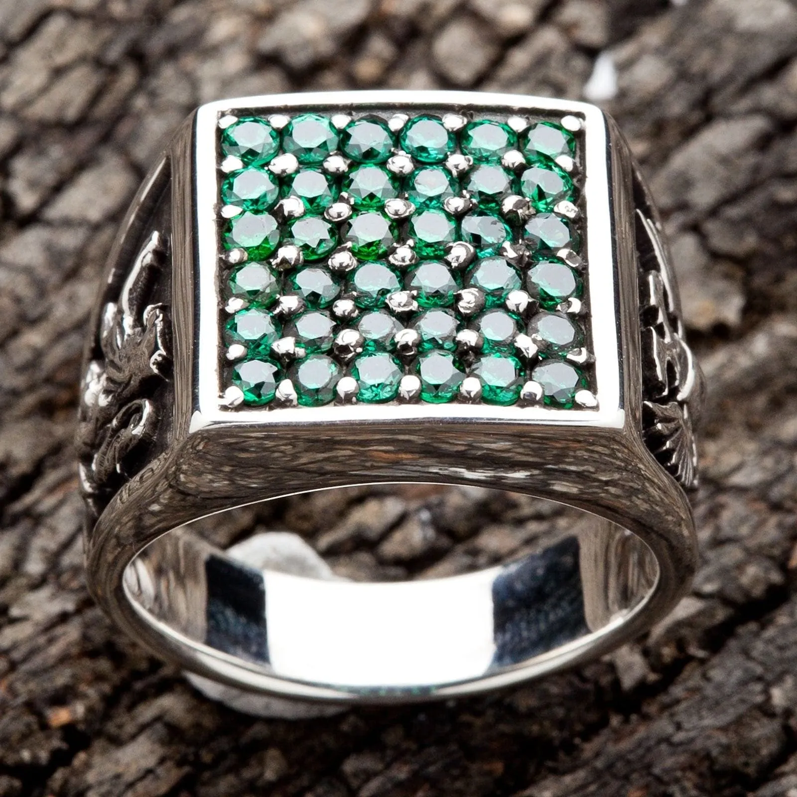 Emerald Eagle Lion Army Sterling Silver Ring