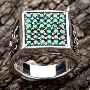 Emerald Eagle Lion Army Sterling Silver Ring