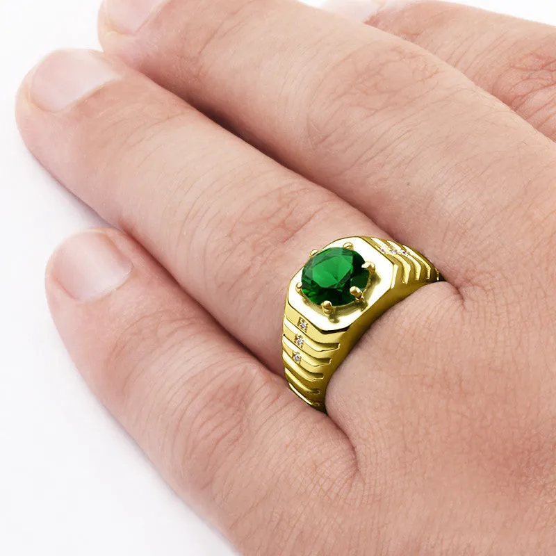 Emerald Ring for Men with Natural Diamonds in 14k Yellow Gold