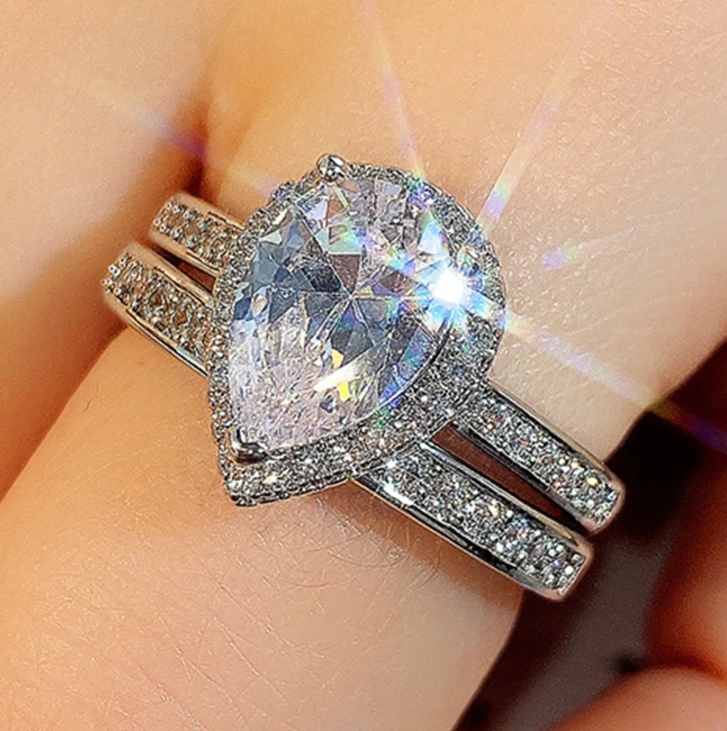 Engagement Ring | Womens Wedding Ring Set | Pear Cut Diamond Ring | Teardrop Ring | Womens Diamond Wedding Ring Set | Womens Wedding Ring