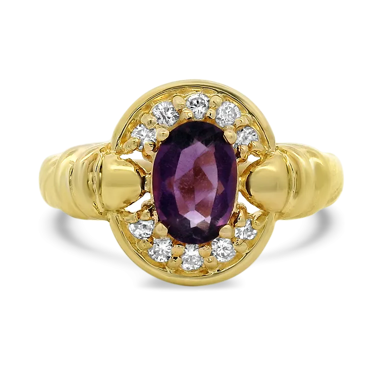 Estate 10k Yellow Gold Amethyst and Diamond Ring