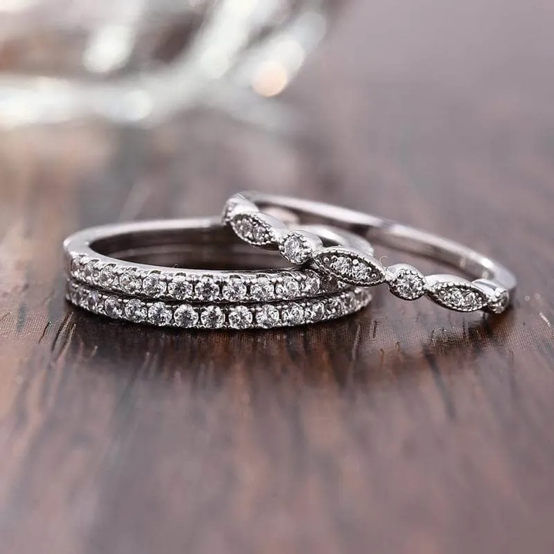 Eternity 3PC Stacking Wedding Band Set In White Gold Plated