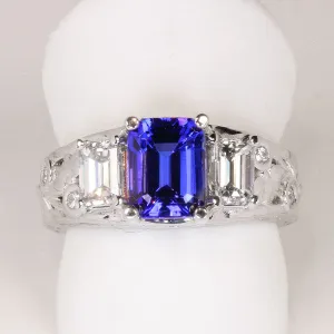 Exceptional Tanzanite and Diamond Three Stone Ring