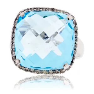 Fancy Cushion Cut Blue Topaz and Diamond Halo Ring